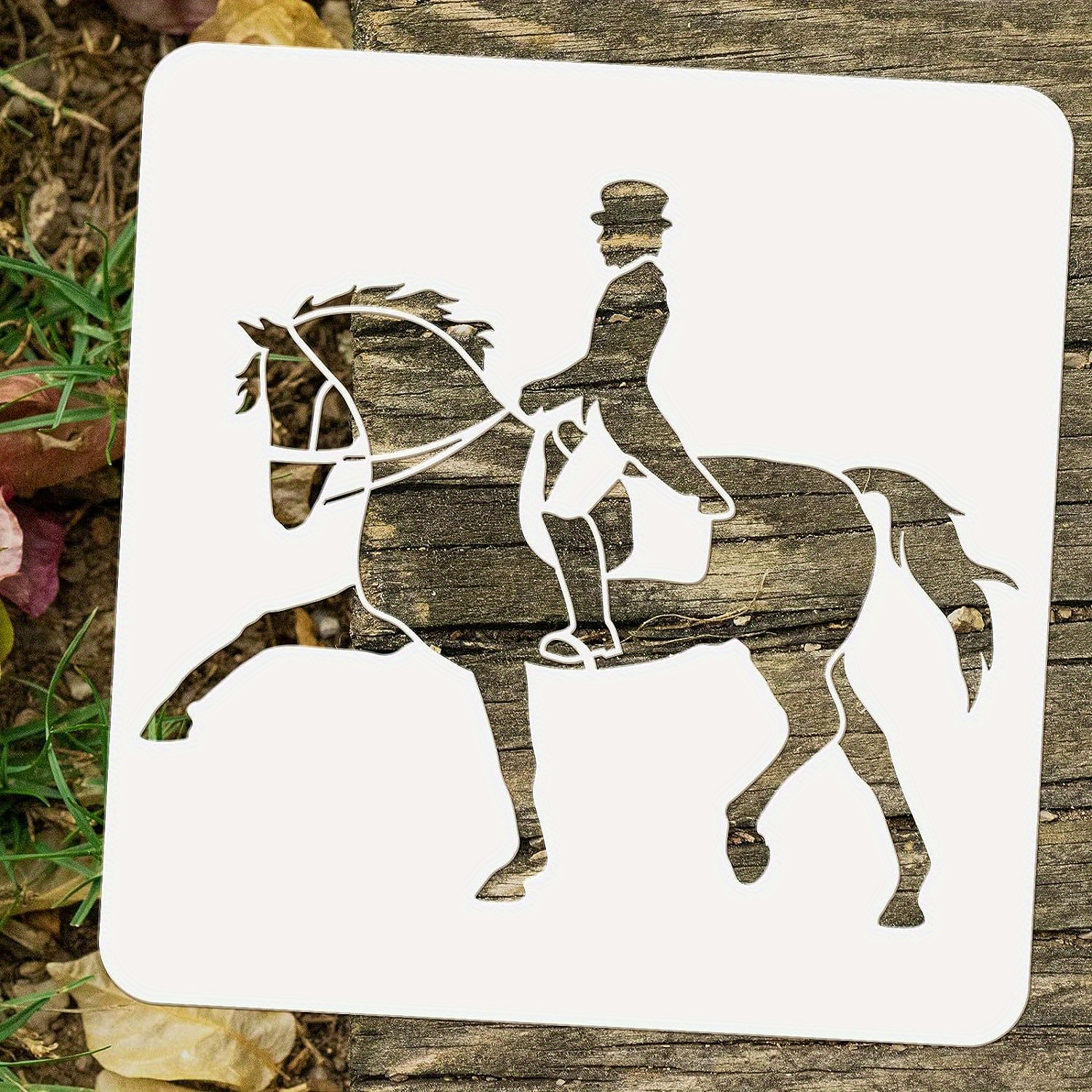 TEMU 1pc Horse With Rider Painting Stencil 11.8x11.8inch Horse And Prince Drawing Template Reusable Plastic Hollow Out Stencils For Painting On Wall