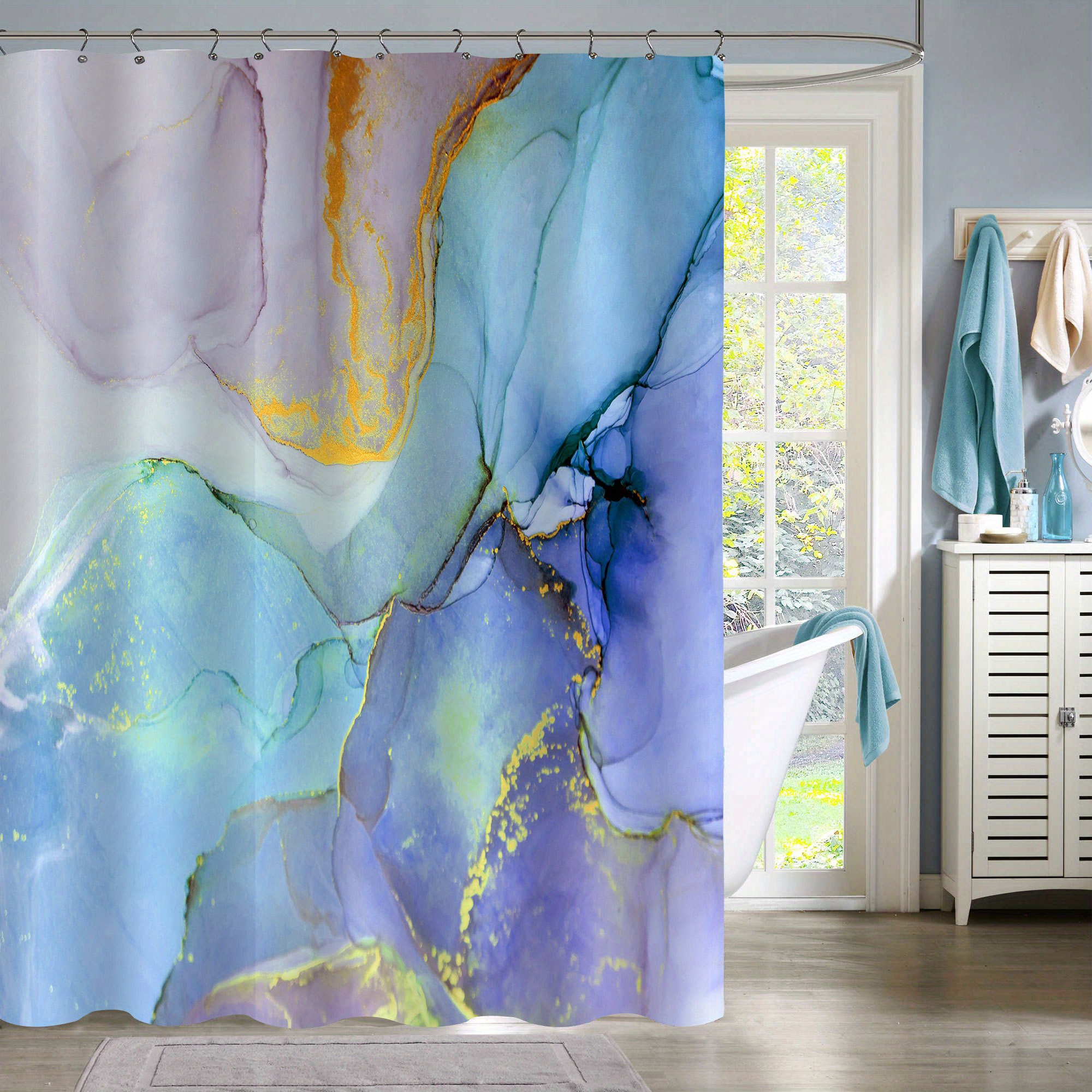 Abstract Marble Leaf Shower Curtain, Blue Gold Art Decor Style Bathtub  Showers Waterproof Polyester Design Decorative Bathroom with 12 Hooks  72*72 