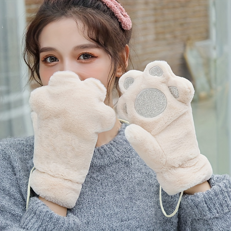 Girls' Half Finger Mittens Thicken Fingerless Gloves Cute Cat Claws Gloves Women's  Warm Winter Gloves Lovely Fluffy Mittens