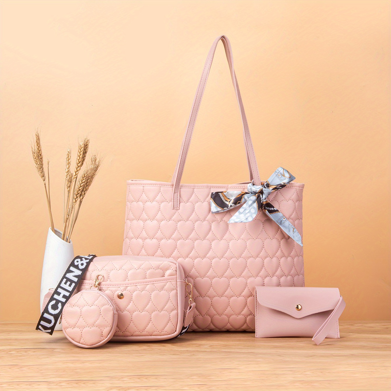 Quilted Detail Bag Sets, Solid Color Tote Bag With Shoulder Chain Bag &  Purse & Crossbody Bag, Classic Bags With Scarf Decor - Temu