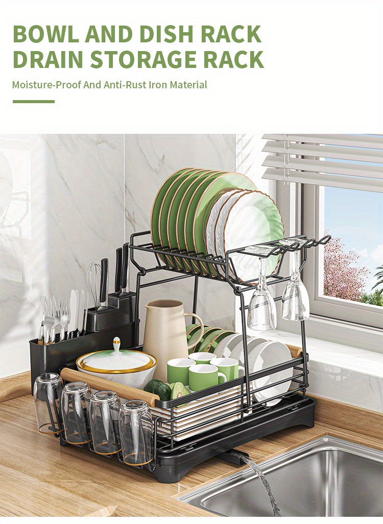 Dish Drying Rack, iSPECLE 2 Tier Dish Rack with Drainer Board with Utensil  & Cup Holder, Black