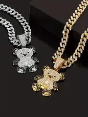 ladies hip hop cute bear pendant rhinestone cuban chain necklace animal shiny necklace for women details 0