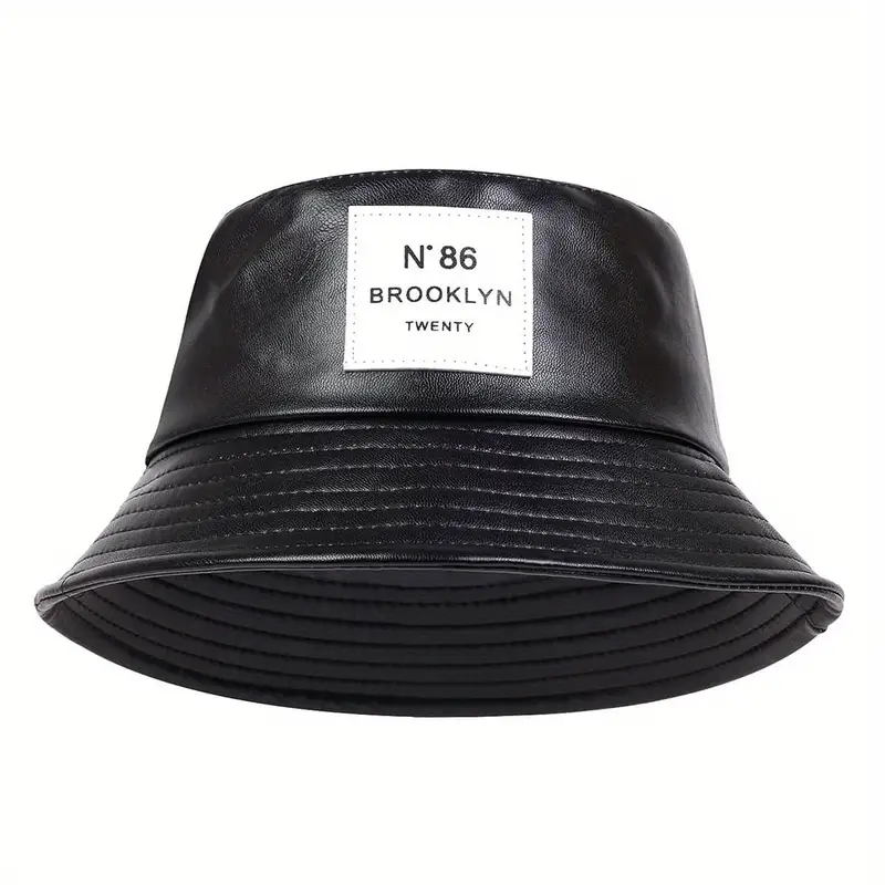 Pu Leather Trendy Bucket Hat Classic Label Patch Solid Color - Temu