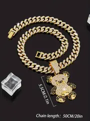ladies hip hop cute bear pendant rhinestone cuban chain necklace animal shiny necklace for women details 7
