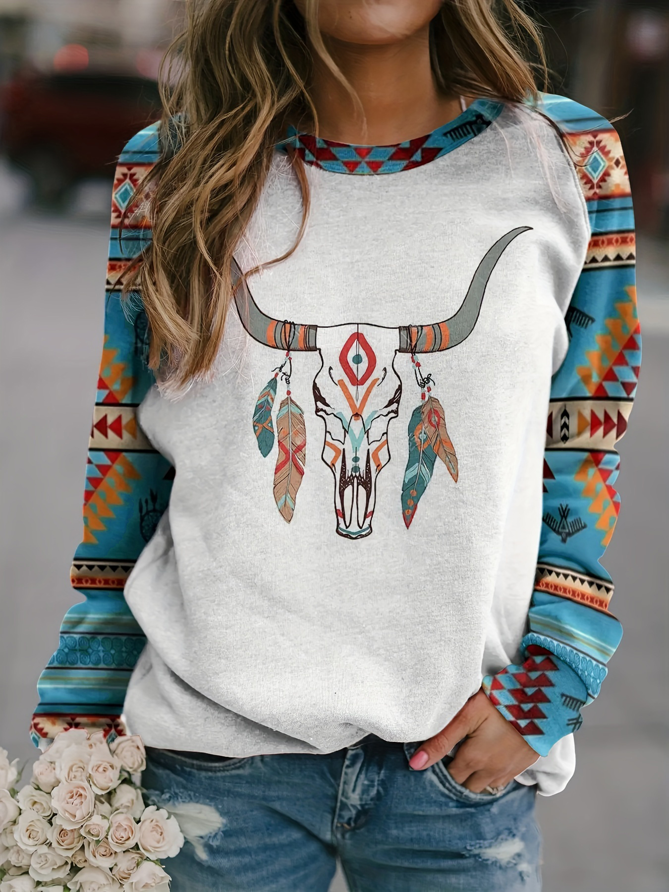 Aztec Print Pullover Sweatshirt, Casual Long Sleeve Crew Neck Sweatshirt  For Fall & Winter, Women's Clothing