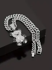 ladies hip hop cute bear pendant rhinestone cuban chain necklace animal shiny necklace for women details 2