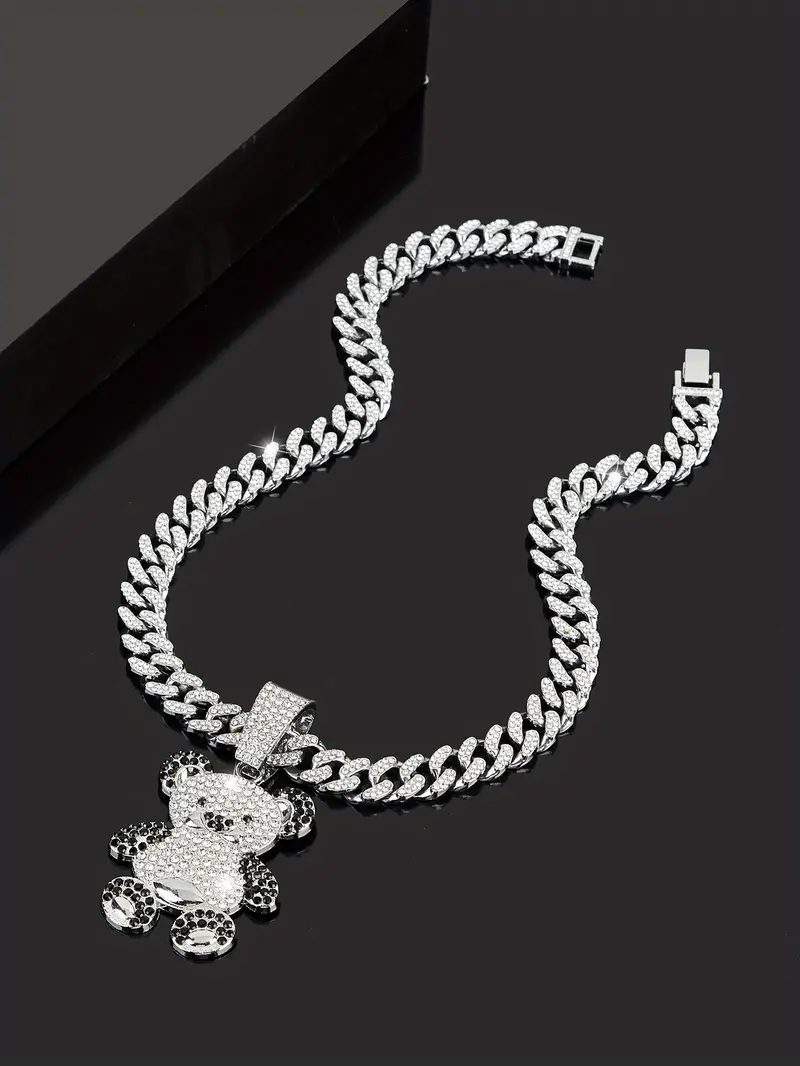 ladies hip hop cute bear pendant rhinestone cuban chain necklace animal shiny necklace for women details 4