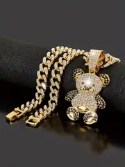 ladies hip hop cute bear pendant rhinestone cuban chain necklace animal shiny necklace for women details 1