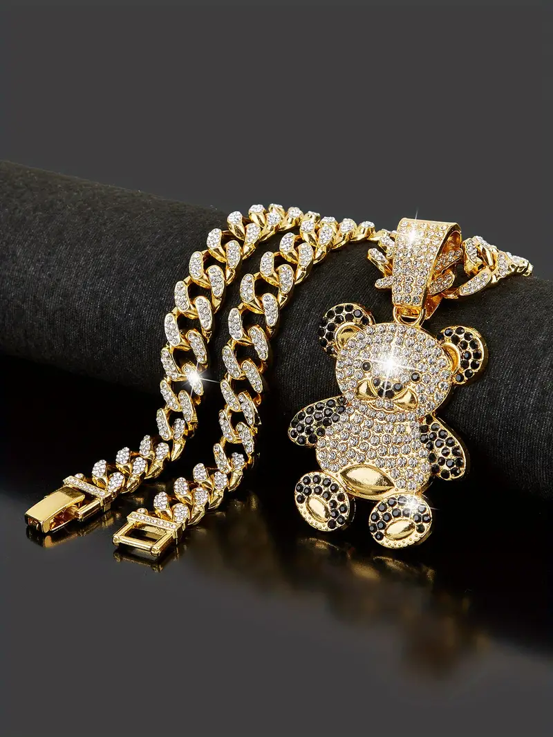 ladies hip hop cute bear pendant rhinestone cuban chain necklace animal shiny necklace for women details 1