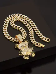 ladies hip hop cute bear pendant rhinestone cuban chain necklace animal shiny necklace for women details 3