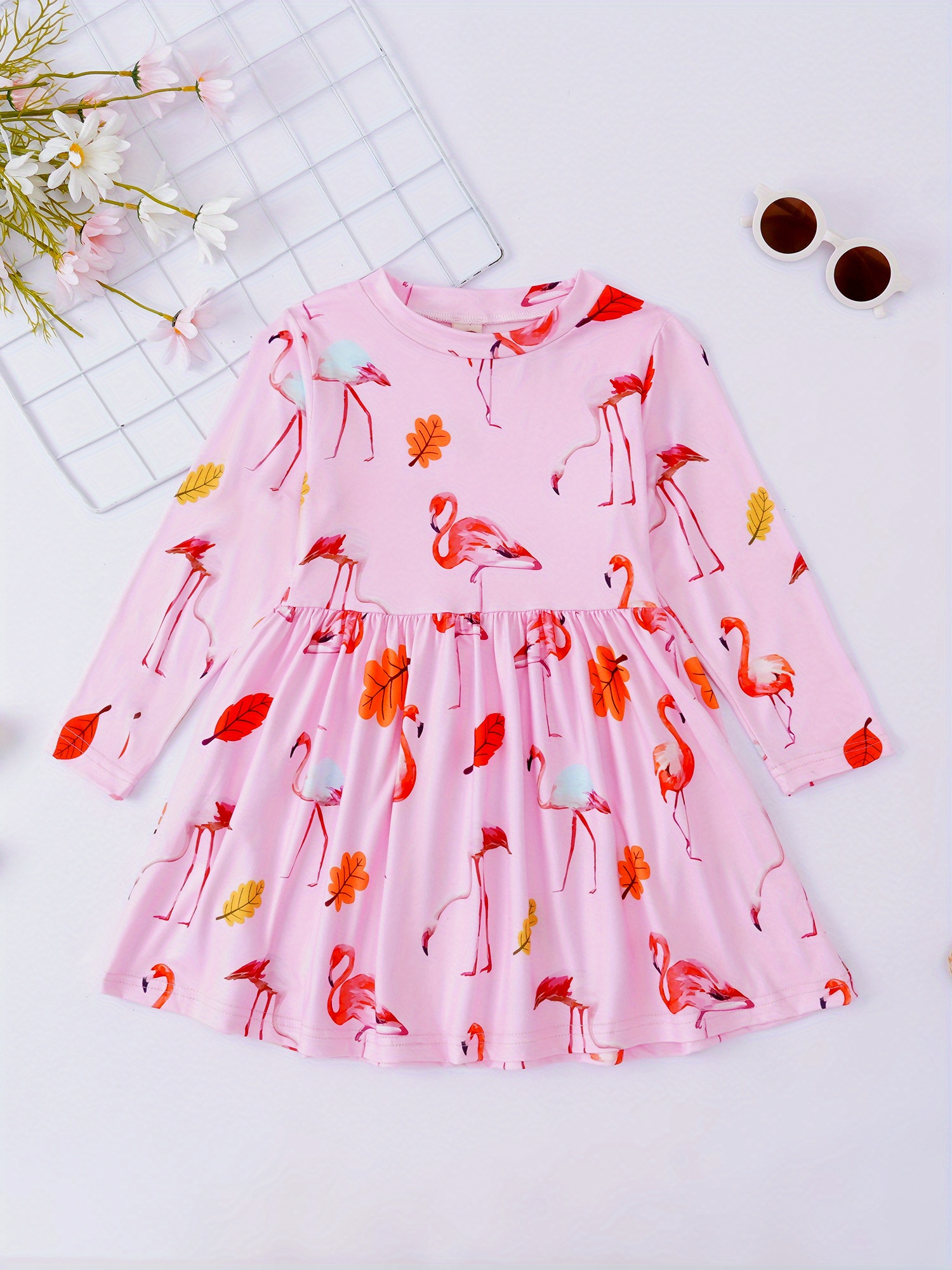 Toddler Girls Cute Flamingo Print Crew Neck Dress Girls' - Temu Canada