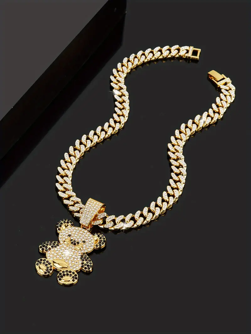 ladies hip hop cute bear pendant rhinestone cuban chain necklace animal shiny necklace for women details 5