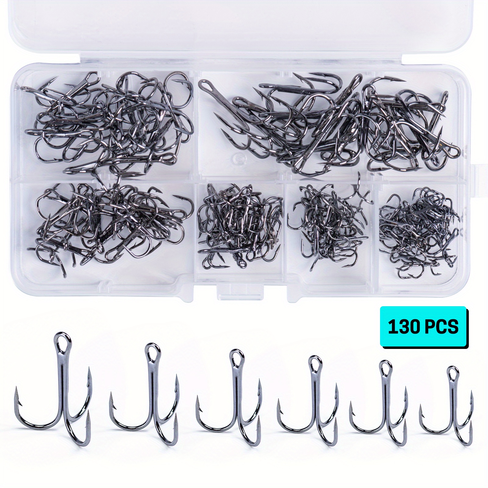 * 130pcs 6sizes Treble Fishing Hooks Set, Carbon Steel Barbed Triple Hook  With Tackle Box, Anchor Hook Sea Hook Three Claw Anchor Hook