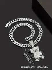 ladies hip hop cute bear pendant rhinestone cuban chain necklace animal shiny necklace for women details 6