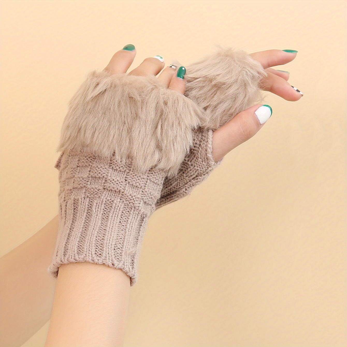 Solid Color Plush Cuff Gloves Simple Plaid Fingerless Knit Temu