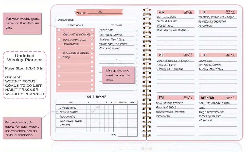 Inserti A6 stampabili per agenda settimanale senza data, settimana su 2  pagine, modello di pianificazione settimanale stampabile, agenda  settimanale, 043 -  Italia