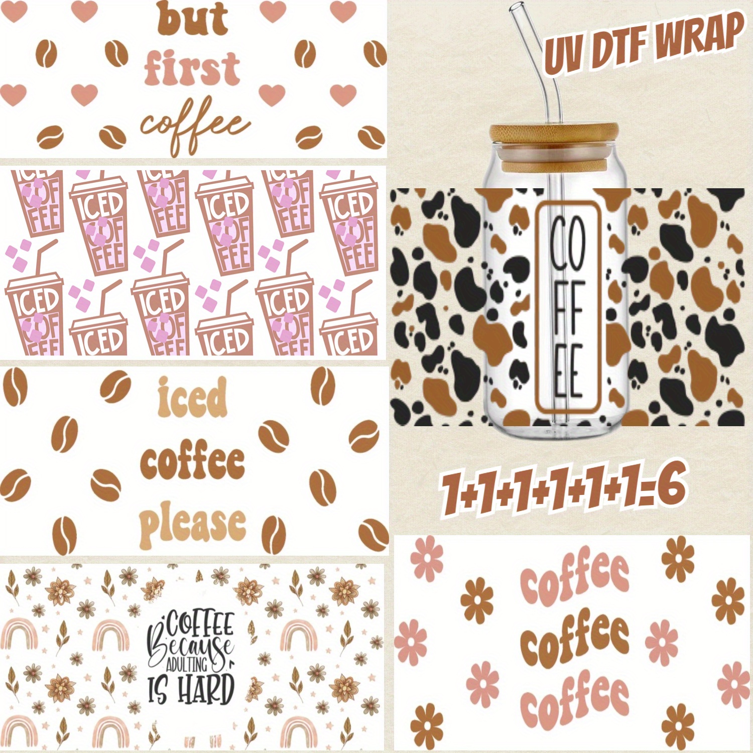 1pc Coffee Pattern Design UV DTF Cup Wraps For 16 Oz Glass Cup, UV DTF Cup  Wraps For Glass Cups, Wraps For Cups, Glass Stickers For Cups, Cup Decals