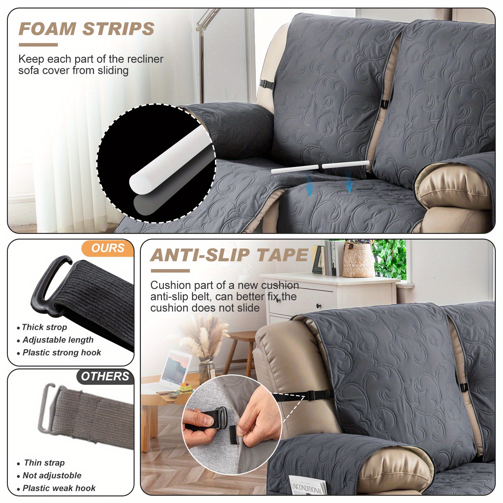 Adjustable Elastic Couch Cover Straps - 3 pack