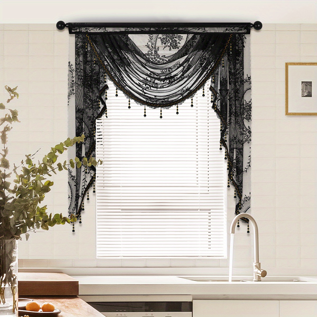 1pc Black Lace Small Floral Short , European Luxury Dark Wave Valance, Rod Pocket, Suitable For Windows, Doors, Decorative Cover, 3 Sizes