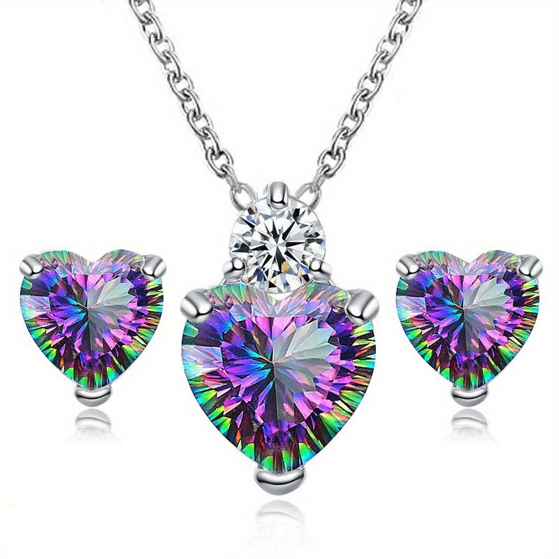 Shiny Purple Heart Zirconia Earrings Necklace Set Elegant - Temu