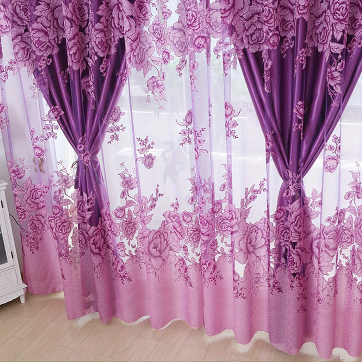 1panel flower pattern translucent sheer curtain   style single layer sheer curtain no cloth curtain rod pocket curtain suitable for living room and bedroom decoration home decor details 7