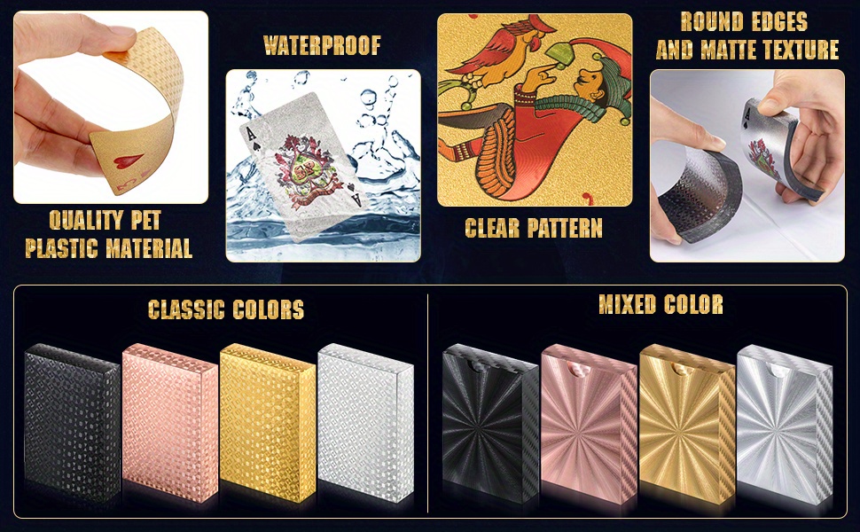 Playing Cards Foil Poker Cards Deck of Cards 24K Gold Plated Foil Poker Cards Gold Plated Playing Cards Foil Waterproof Playing Cards Waterproof Plastic Cards (Classic Colors, Stylish Pattern)
