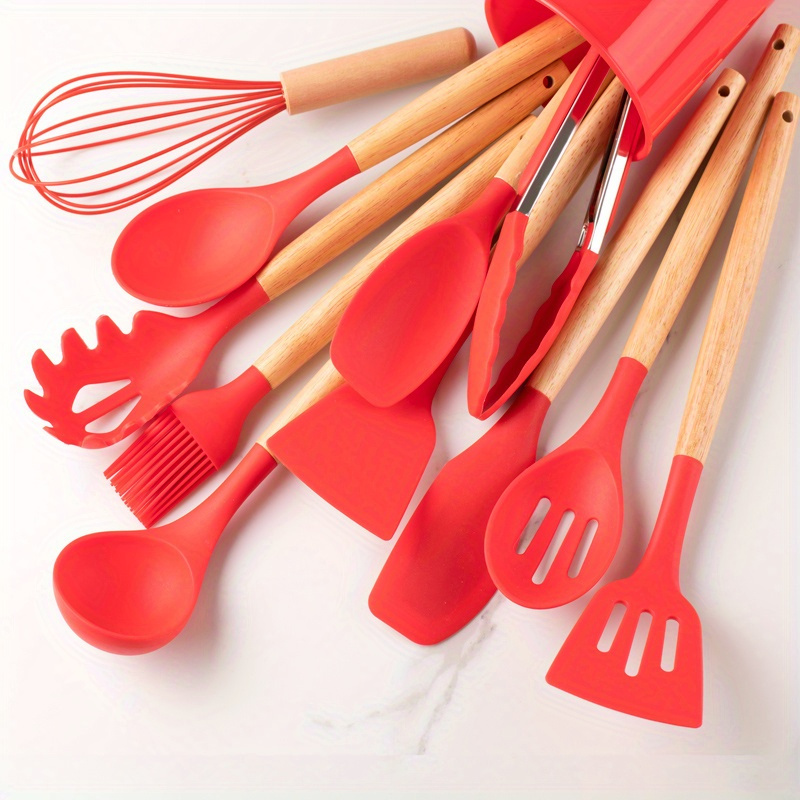 11Pcs Silicond Cooking Utensil Set Heat Resist Wooden Handle