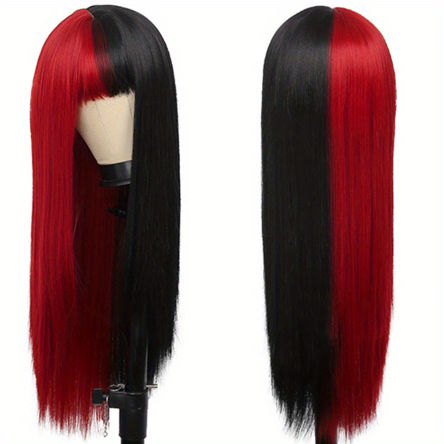 Black Orange Long Straight Wig Bangs Highlights Wig Girls Temu