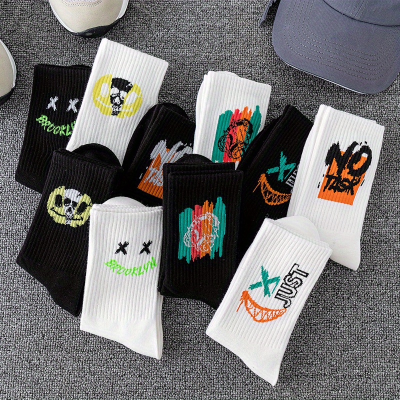 5 Pairs/10 Pairs Multi-Size Men's Socks Black and White Long Tube High-Cut Versatile Student Style Autumn/Winter Sports Socks