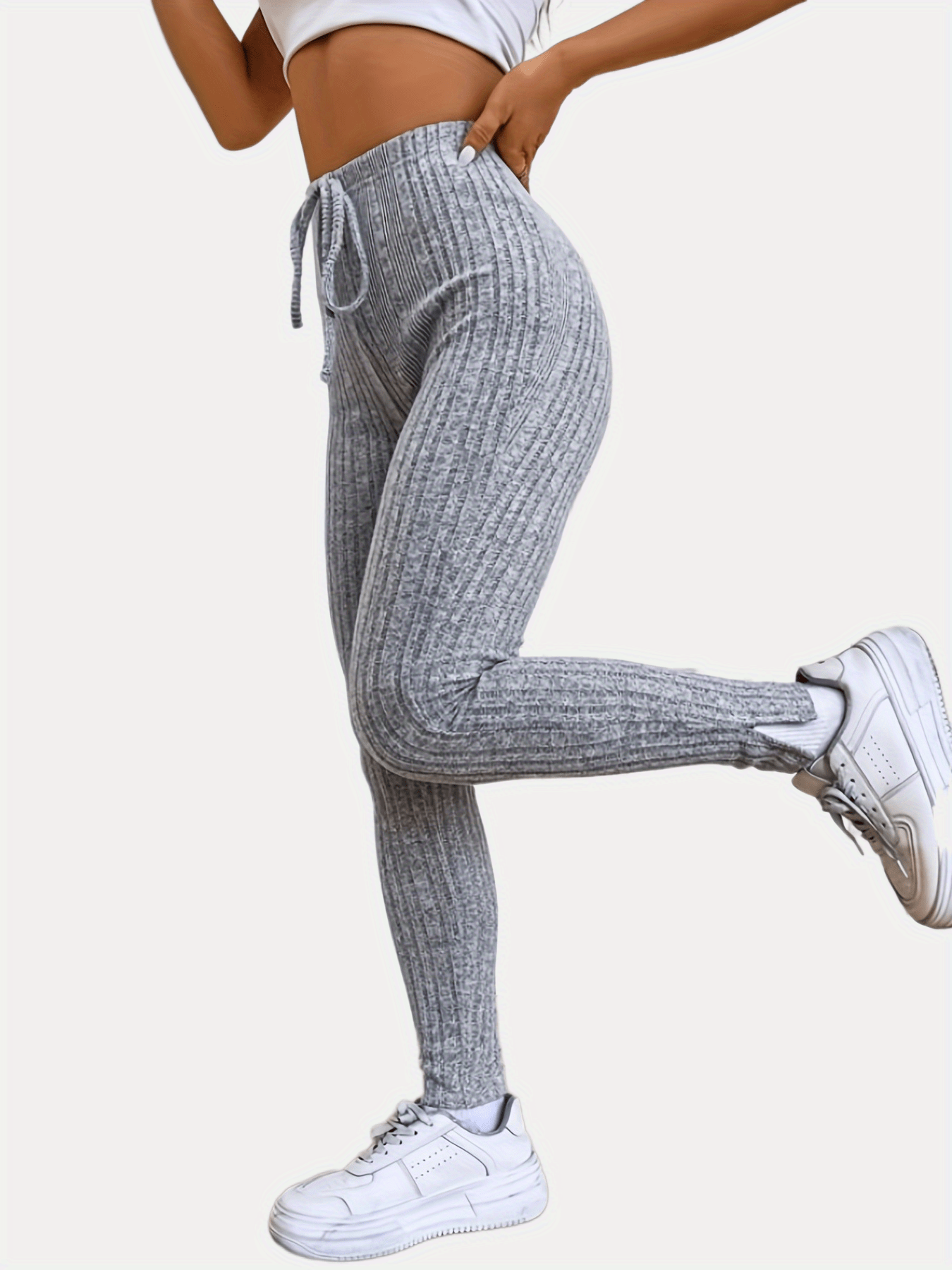 Solid Rib Knit Skinny Leggings Casual Drawstring Split - Temu