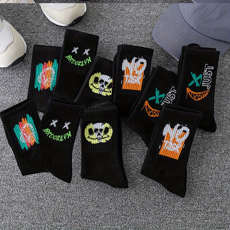 5 Pairs/10 Pairs Multi-Size Men's Socks Black and White Long Tube High-Cut Versatile Student Style Autumn/Winter Sports Socks