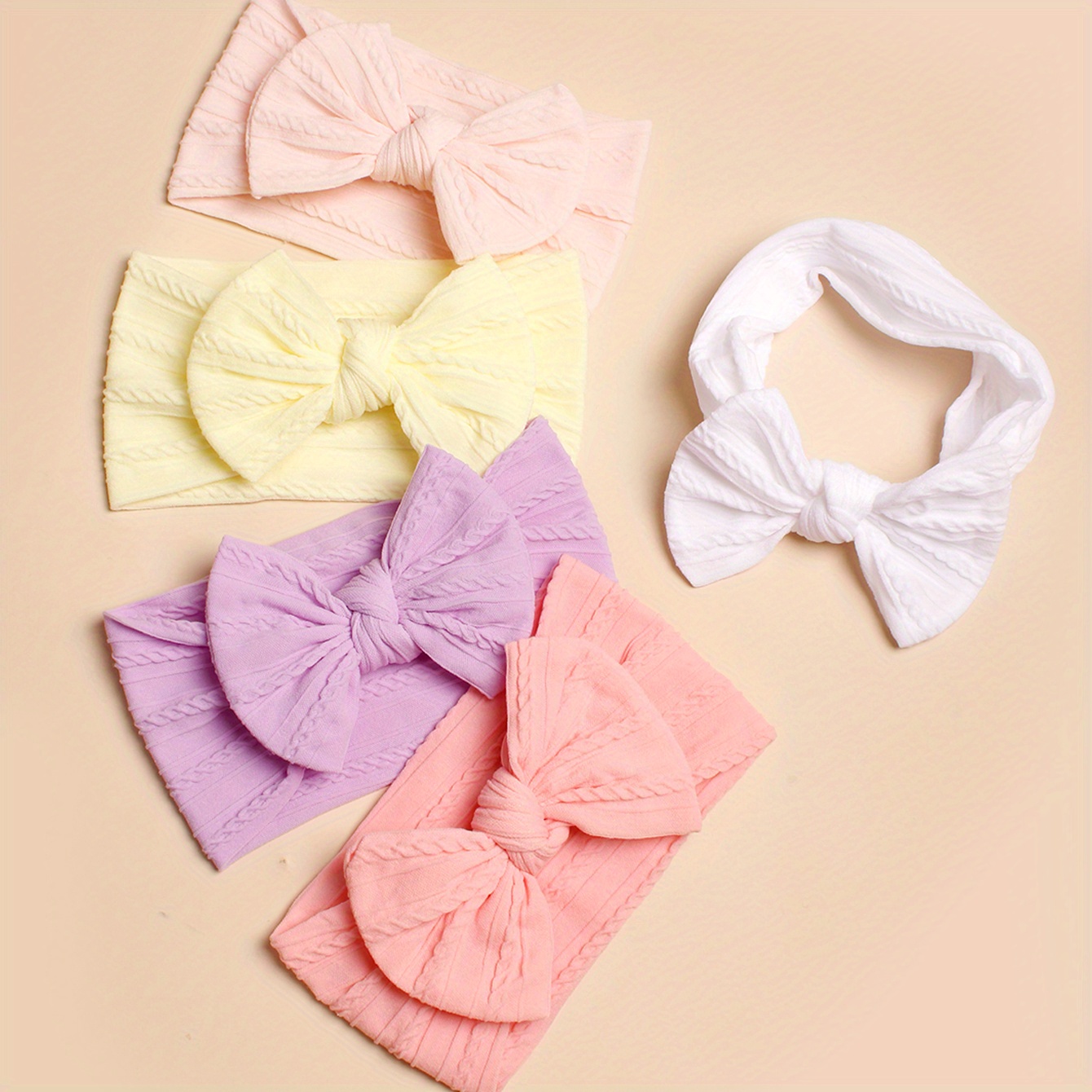 Image of 5pcs Of Solid Color Nylon Jacquard Baby Headbands With Bows