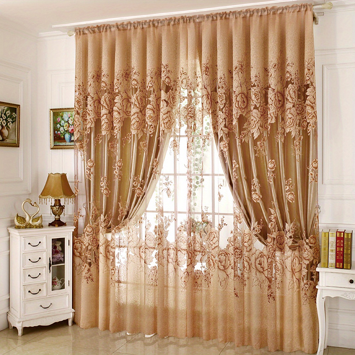 1panel flower pattern translucent sheer curtain   style single layer sheer curtain no cloth curtain rod pocket curtain suitable for living room and bedroom decoration home decor details 1