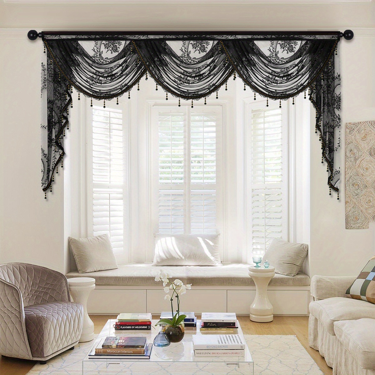 1pc black lace valance flower pattern short curtain european   curtain head rod pocket suitable for windows doors blocking decoration living room home decor details 2