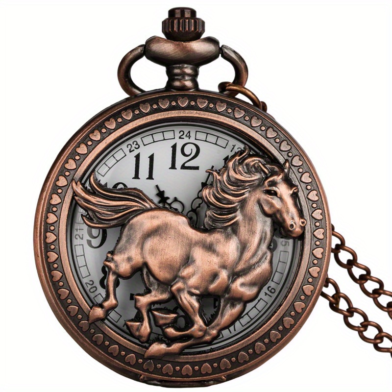1pc vintage rose golden hollow zodiac horse quartz movement chain pocket watch details 0