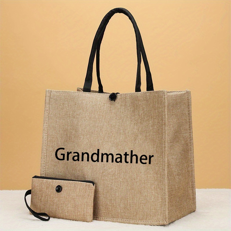 Trendy Gift For Mama Printed Burlap Tote Bag Set, Large Capacity