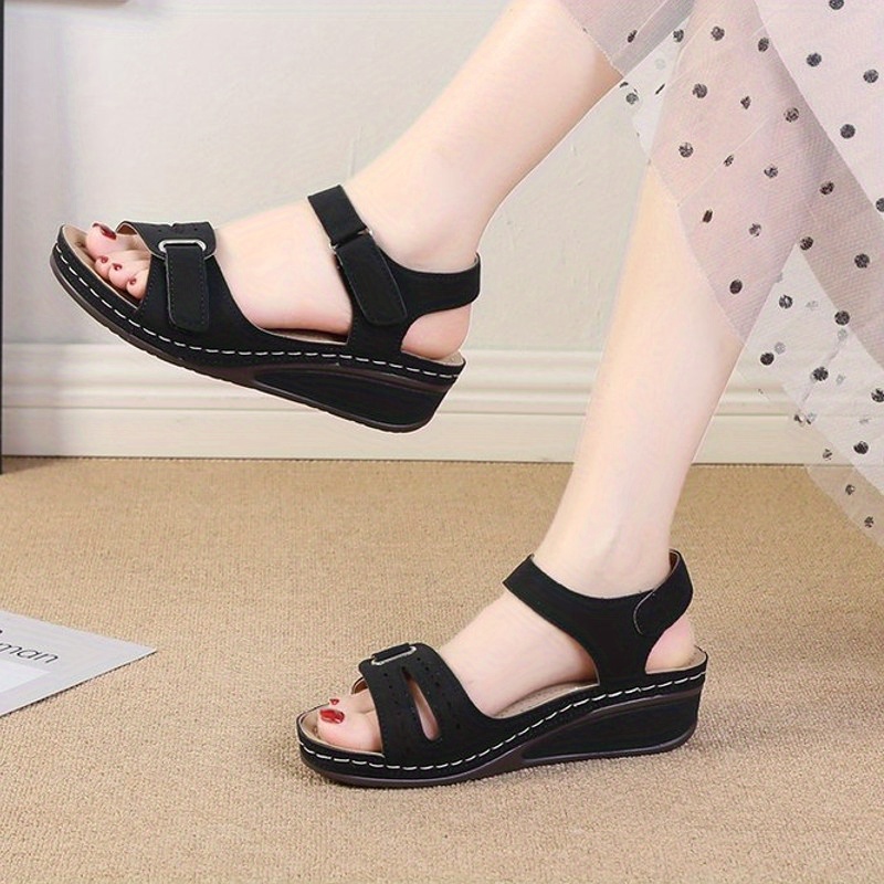 Women'S Vintage Style Summer Sandals, Open Toe Solid Color, Flat Heel with  Hook-and-Loop Fastener Upper/Inner/Rubber Sole