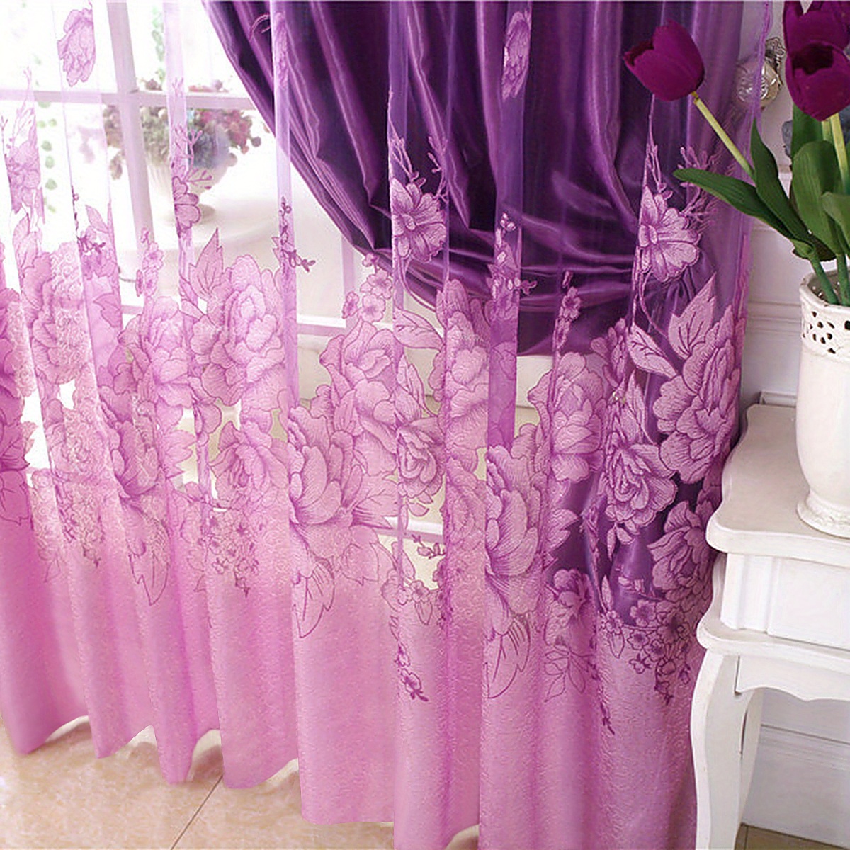 1panel flower pattern translucent sheer curtain   style single layer sheer curtain no cloth curtain rod pocket curtain suitable for living room and bedroom decoration home decor details 8