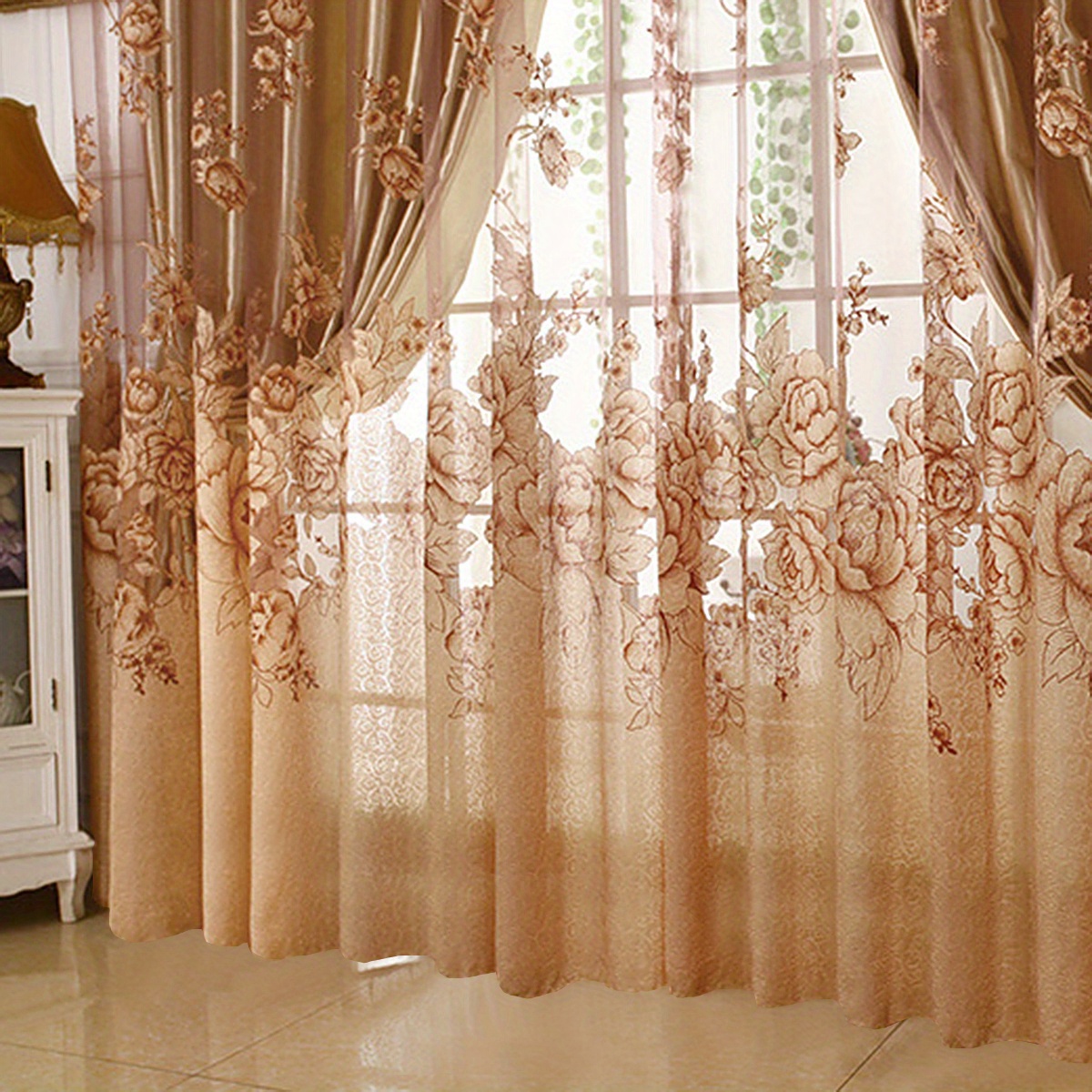 1panel flower pattern translucent sheer curtain   style single layer sheer curtain no cloth curtain rod pocket curtain suitable for living room and bedroom decoration home decor details 4