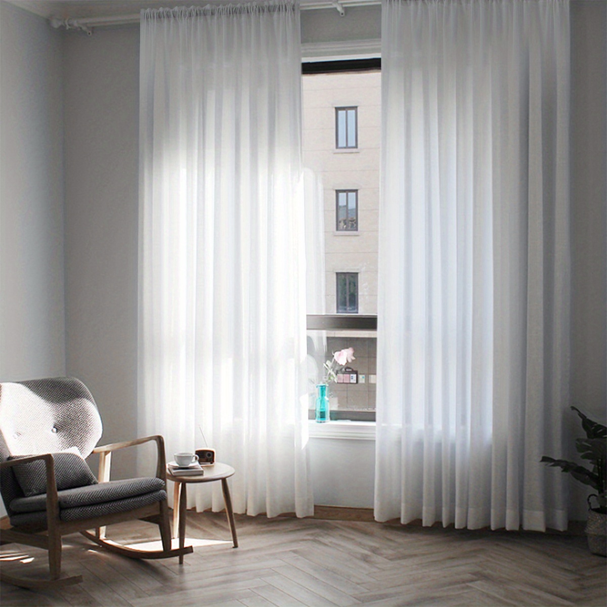 1pc Modern White Sheer Curtain, Light-filtering Hatch Pattern, Machine Washable, Rod Pocket Hanging, Decorative Arts Theme For Living Room And Bedroom, 100% Polyester