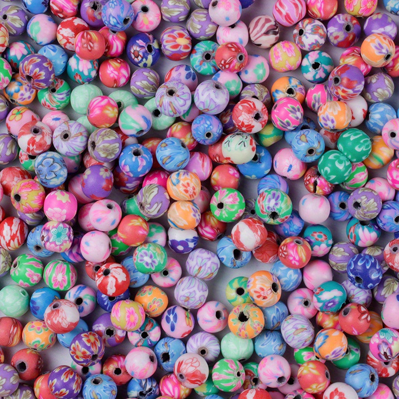 Flower Pattern Printing Polymer Clay Beads Mixed Random Color