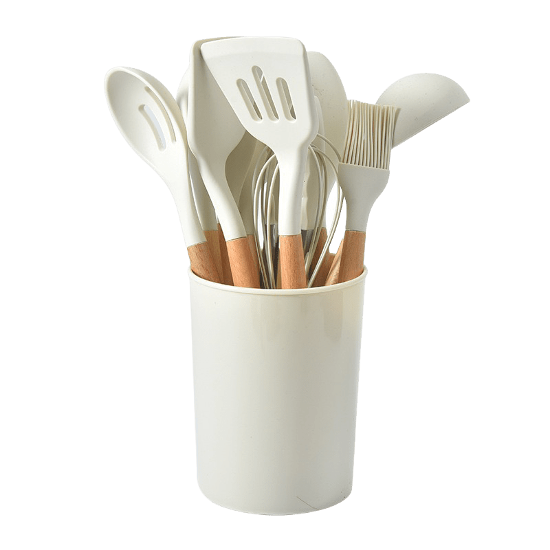 6pcs/set White Silicone Kitchen Utensils With Wooden Handle
