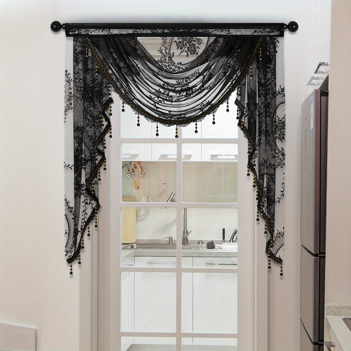 1pc black lace valance flower pattern short curtain european   curtain head rod pocket suitable for windows doors blocking decoration living room home decor details 0