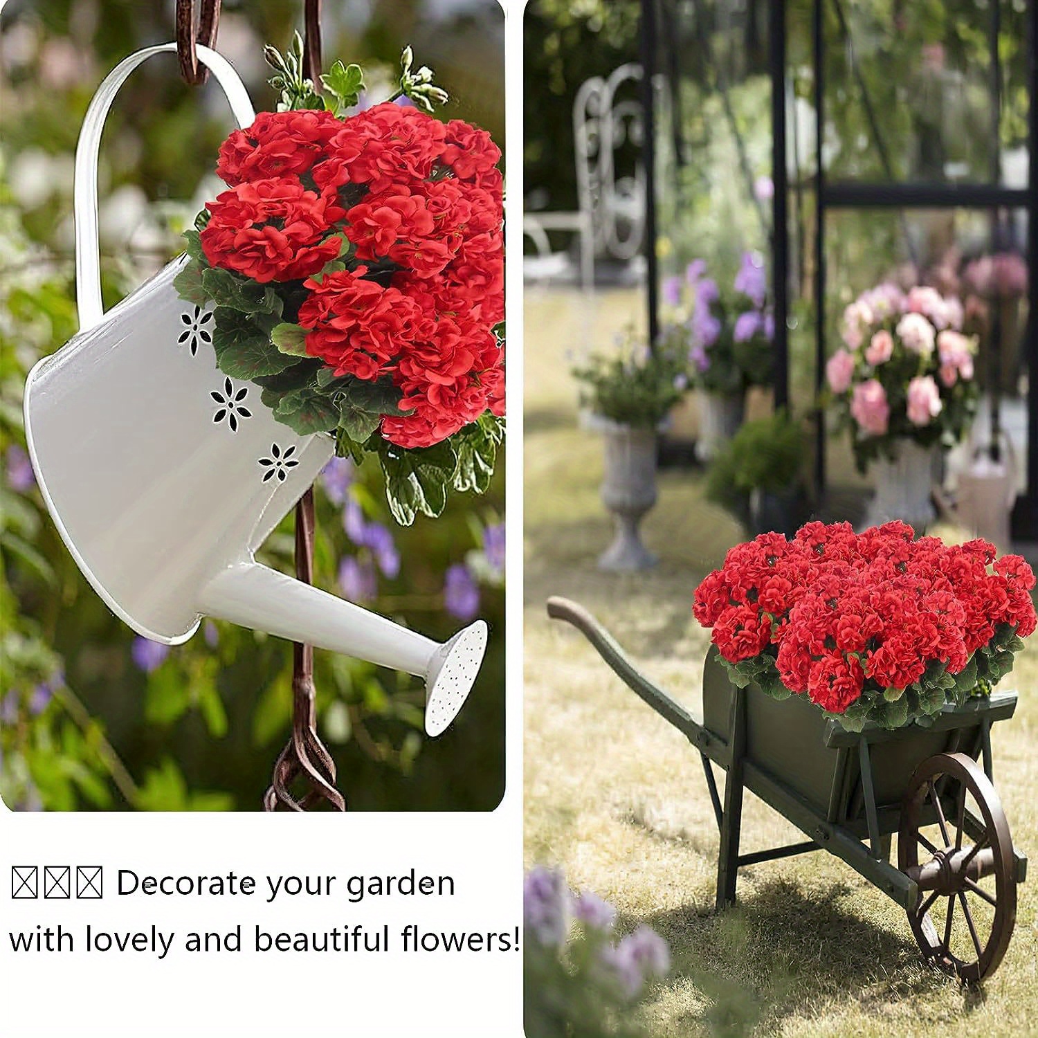 2pcs Artificial Geraniums Silk Flowers Outdoor Artificial Red Geranium