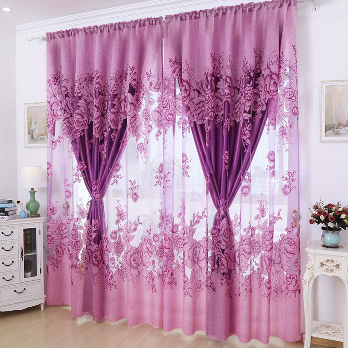 1panel flower pattern translucent sheer curtain   style single layer sheer curtain no cloth curtain rod pocket curtain suitable for living room and bedroom decoration home decor details 5