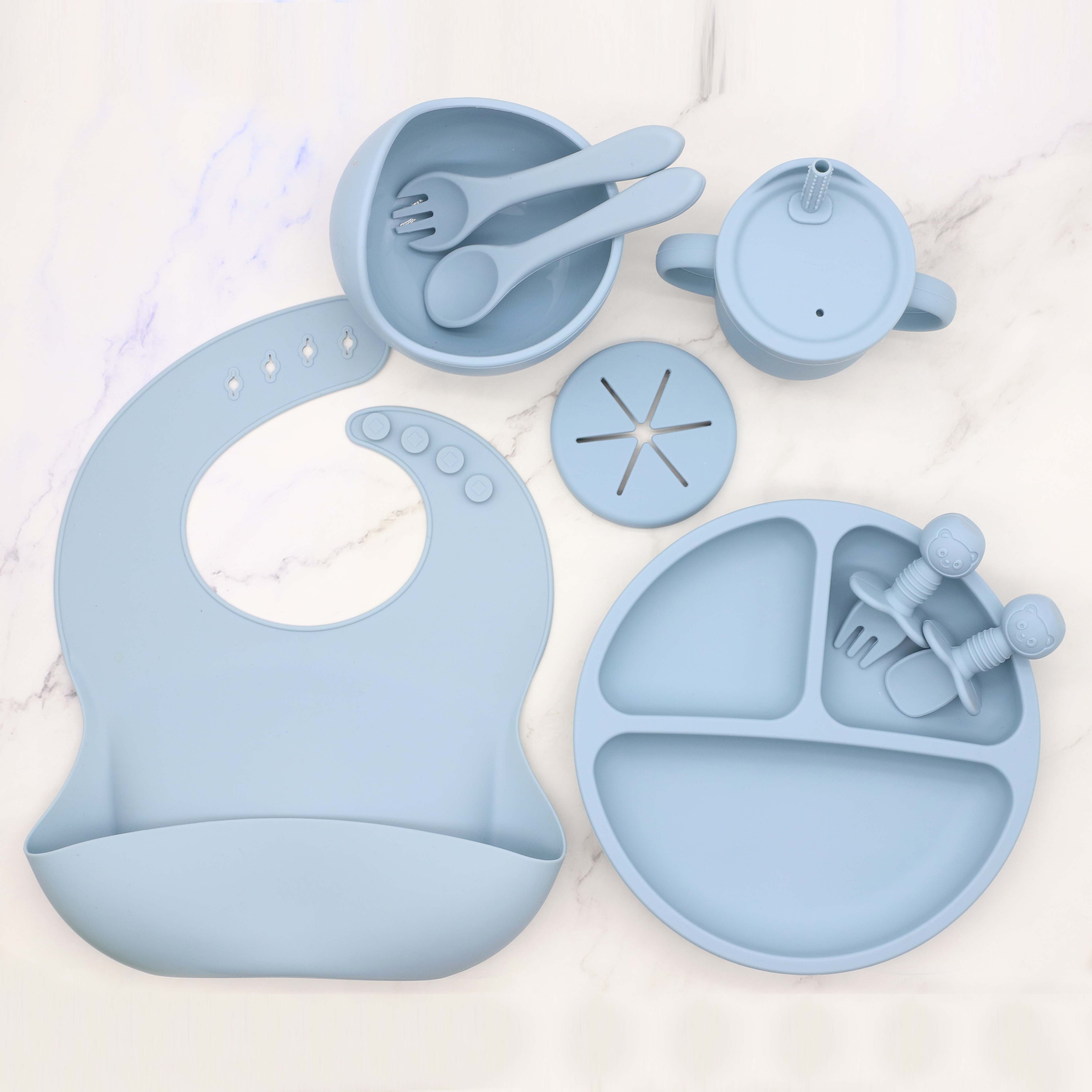 OEC-T5 Baby Led Weaning Supplie，Silicone Baby Feeding Set with Suction  Plate and Bowl，Toddler Self Feeding Essentials with Spoons Forks Bib Sippy