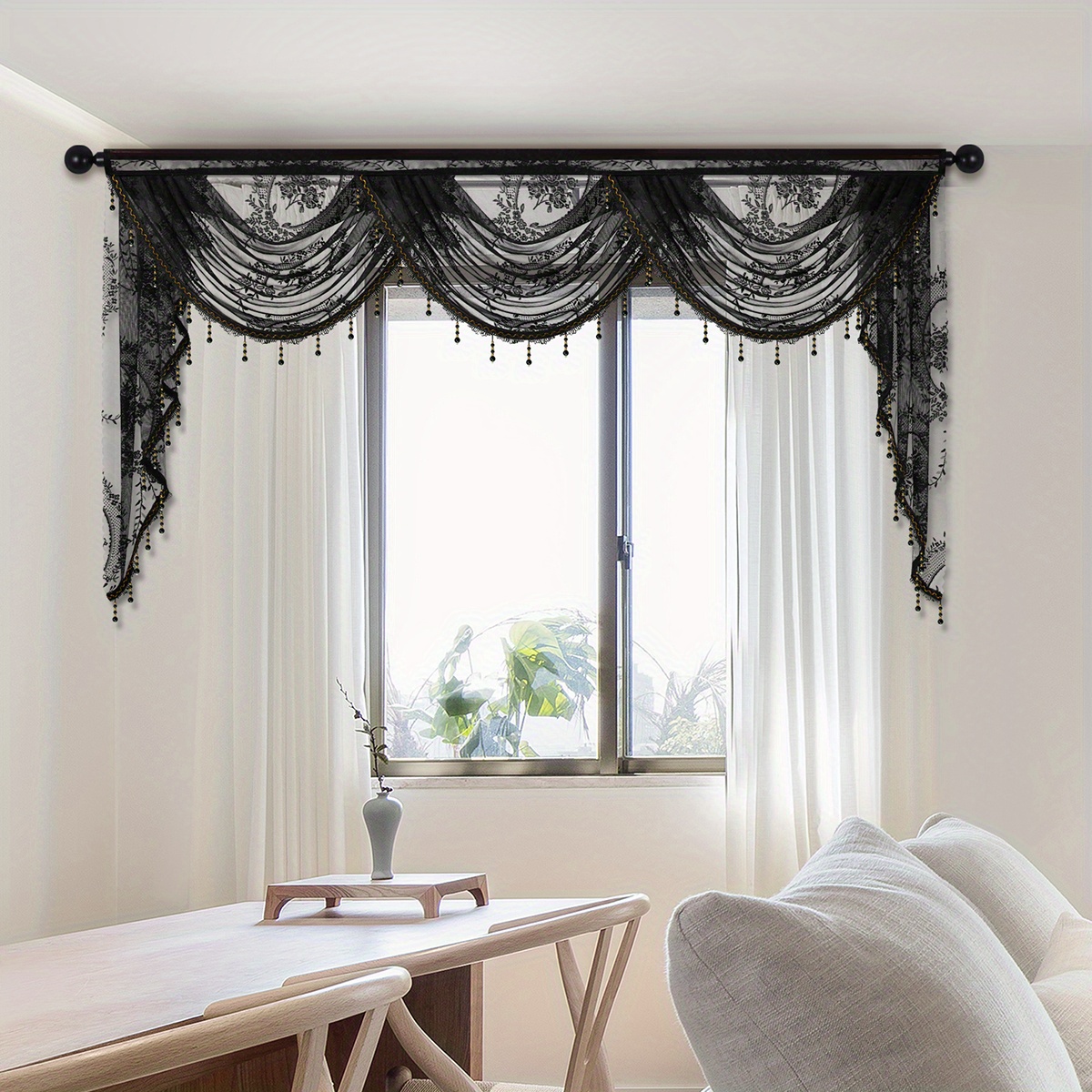 1pc black lace valance flower pattern short curtain european   curtain head rod pocket suitable for windows doors blocking decoration living room home decor details 6