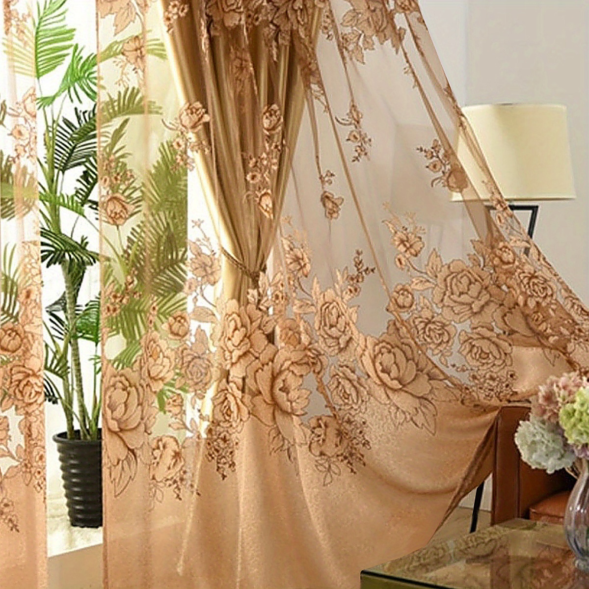 1panel flower pattern translucent sheer curtain   style single layer sheer curtain no cloth curtain rod pocket curtain suitable for living room and bedroom decoration home decor details 3