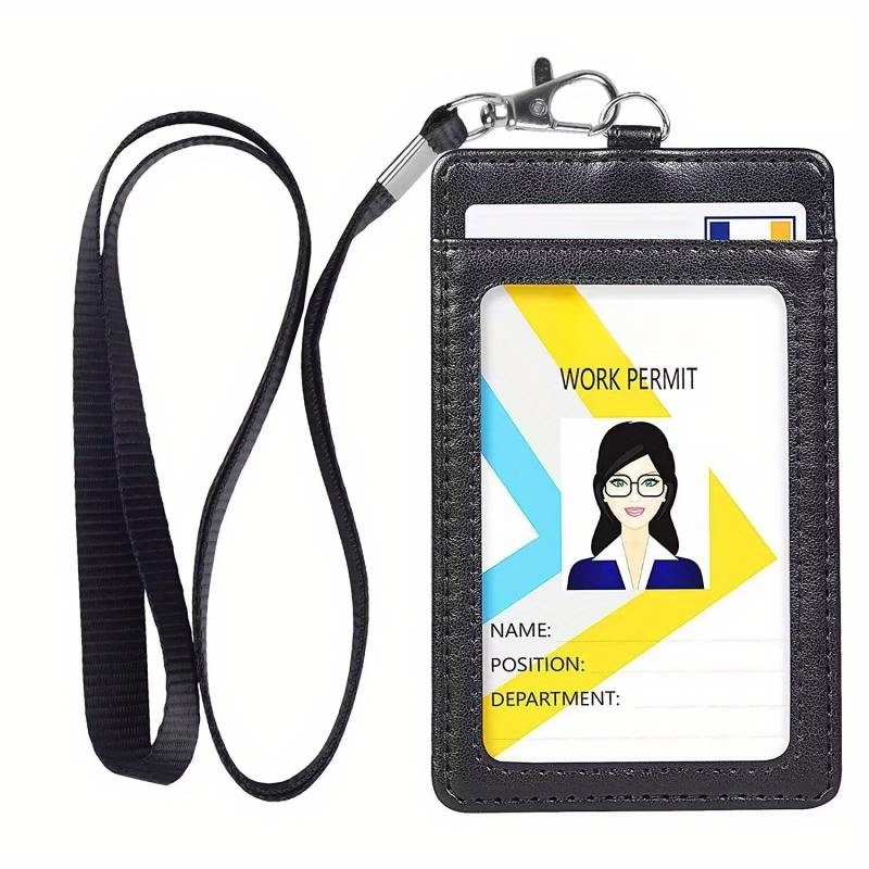  Black Lanyards for Id Badges, Pu Leather ID Badge Card Holder  Wallet with 1 Clear ID Window, 4 Credit Card Slots, 1 Side Zipper  Pocket,Detachable Wrist Strap, Neck Lanyard,Phone Holder