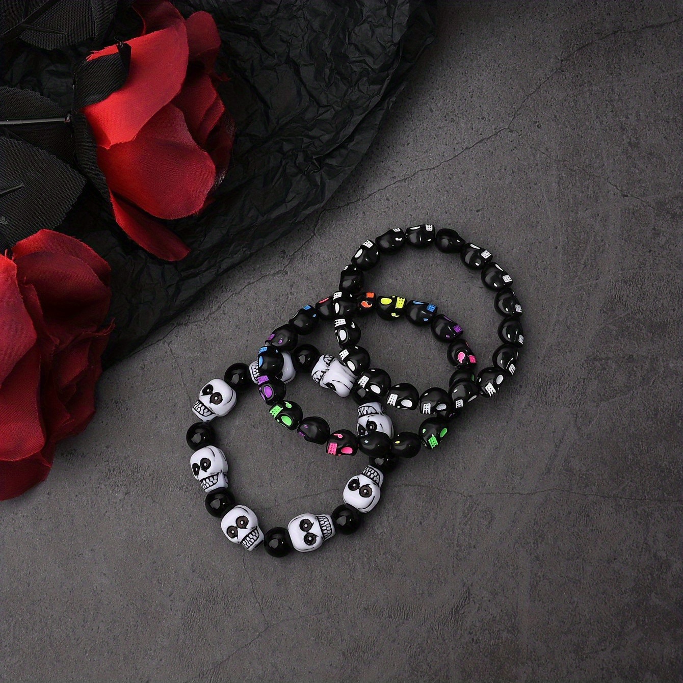 Women's Punk-style Skull Bead Bracelets | 3pcs Elastic Stretch Wristbands | Plastic With Colorful Accents | Ideal For Halloween & | Versatile Accessory, Halloween Jewelry